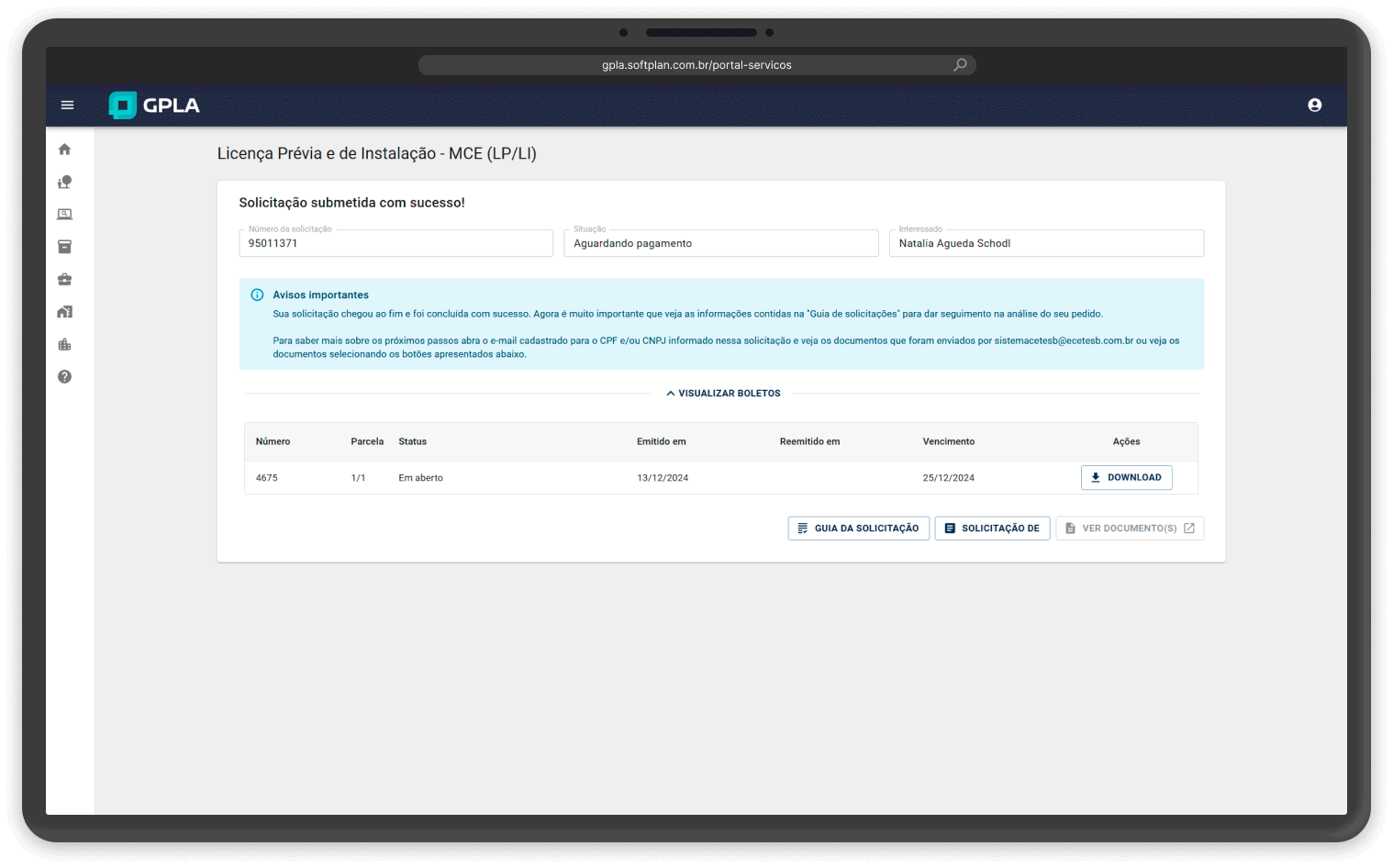 Tela do sistema da solução de Processos Digitais e Administrativos: GPLA